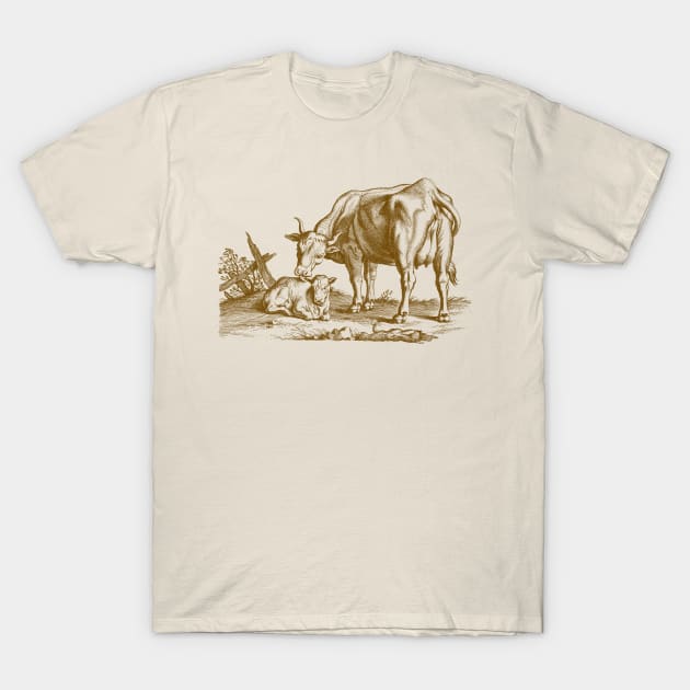 Cow and Calf, Animal Motherhood Scene Vintage Illustration T-Shirt by Biophilia